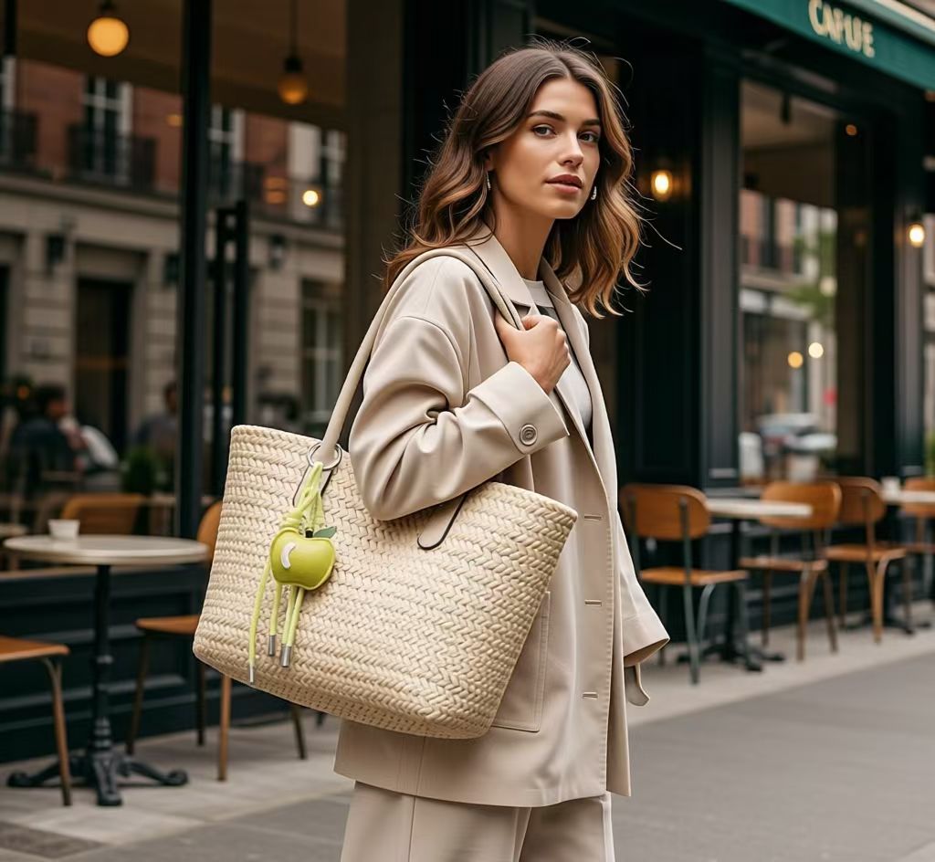Woman styling a lime green apple bag charm on a woven tote