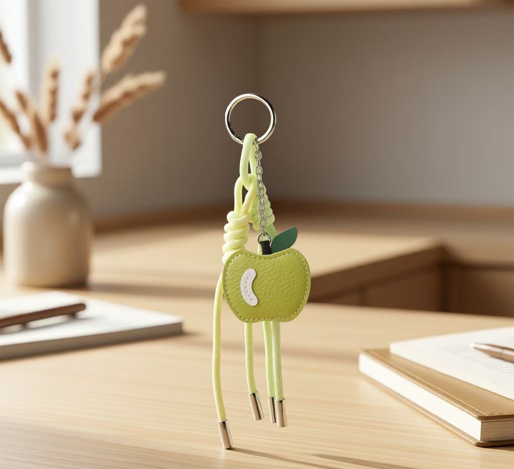 Close view of lime green apple charm and silver-tone key ring