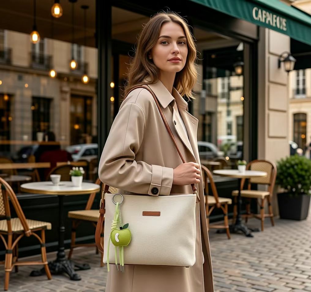 Woman wearing a lime green apple charm on a shoulder bag