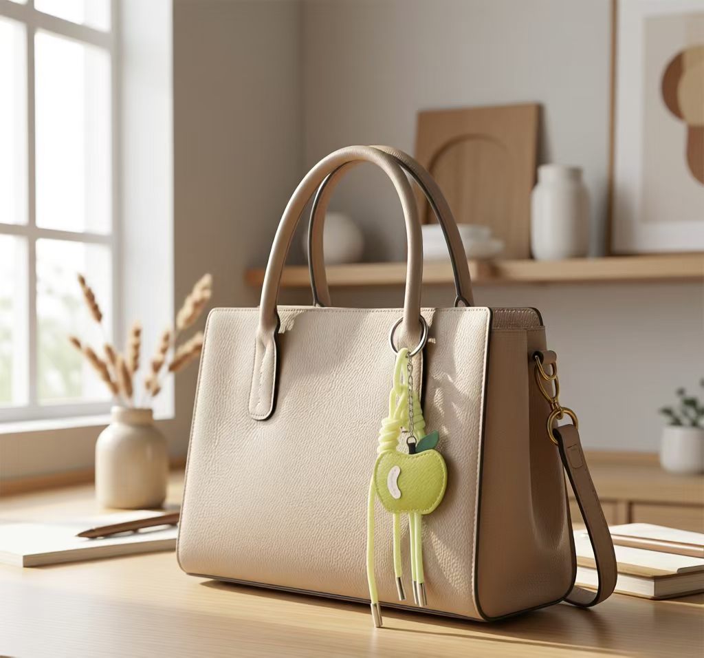 Apple bag charm styled on a cream structured handbag