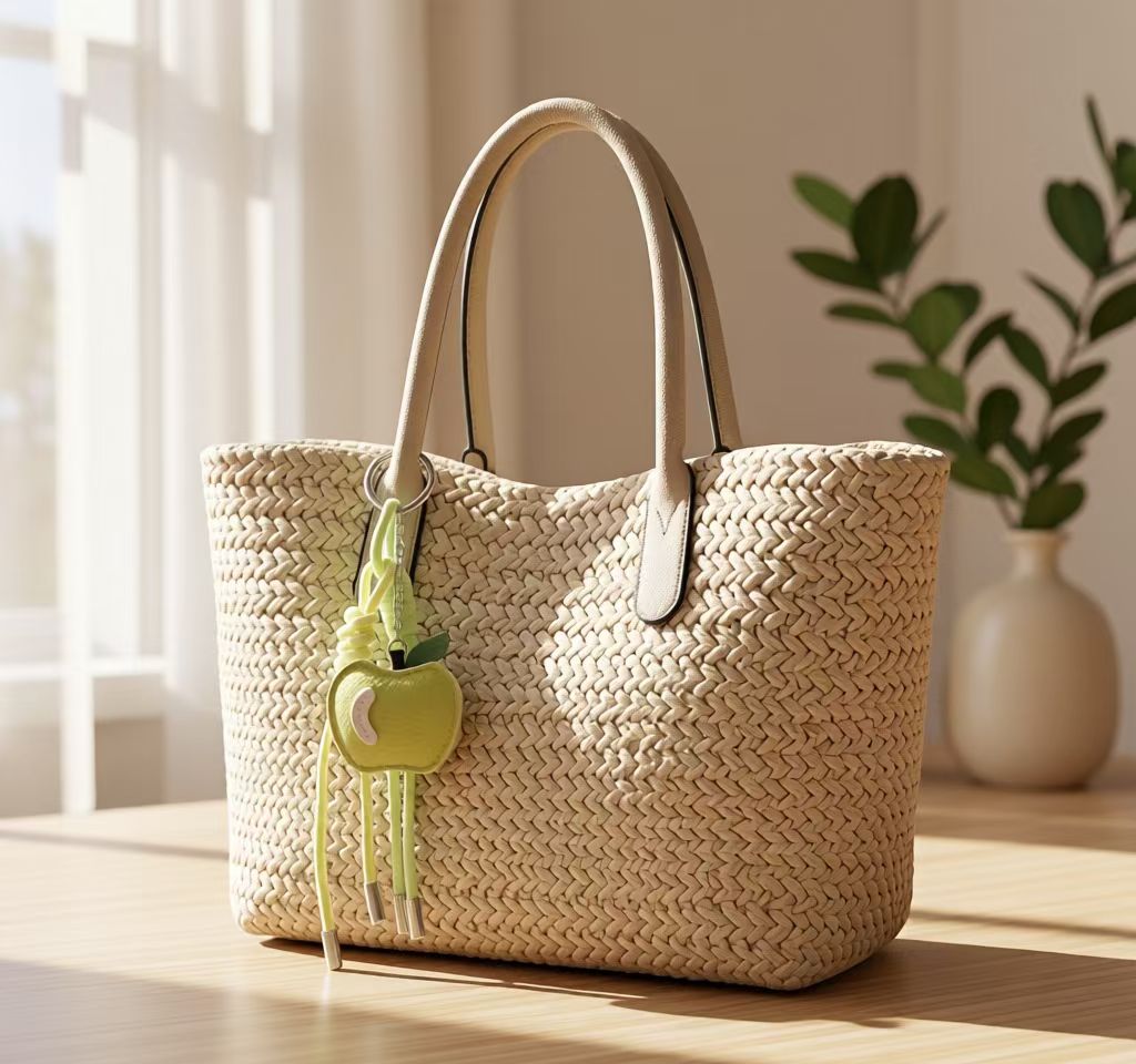 Lime green apple charm attached to a cream woven tote bag