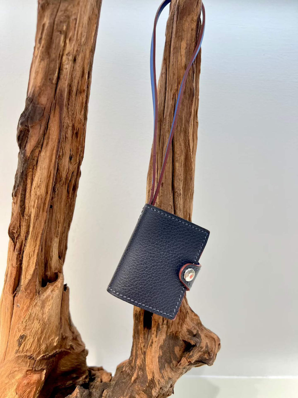 Navy blue hand-stitched first-layer leather mini notebook bag charm
