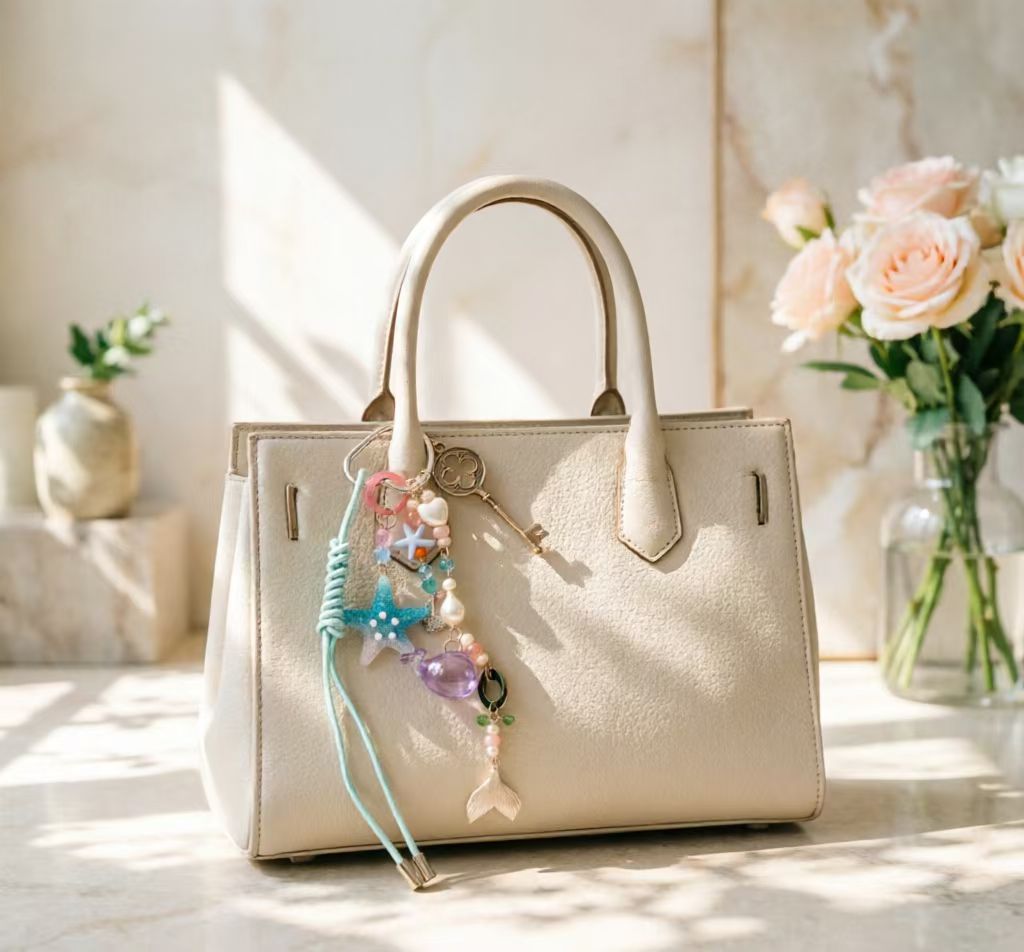 Pastel ocean bag charm decorating a cream handbag