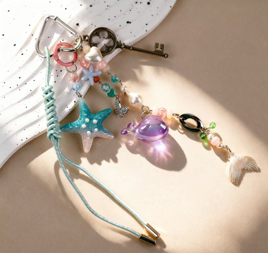 Pastel ocean bag charm with blue cord, beads and starfish accents