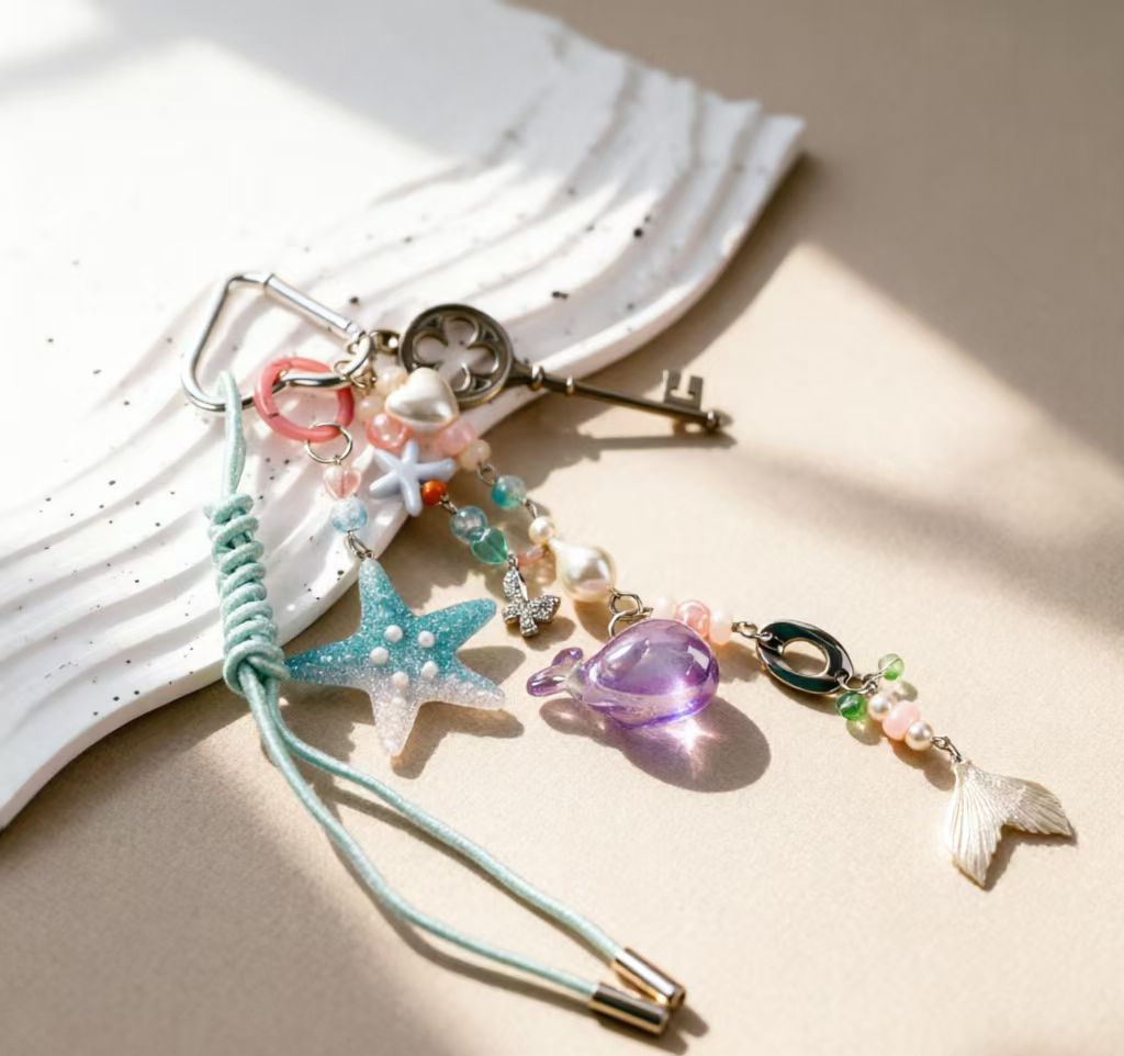 Detailed view of pastel beads, starfish and silver-tone bag charm hardware