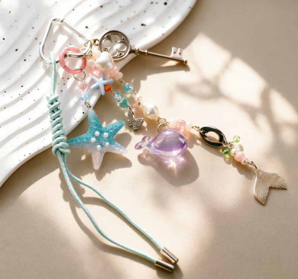 Ocean-themed bag charm with starfish, pastel beads, key and knotted cord details