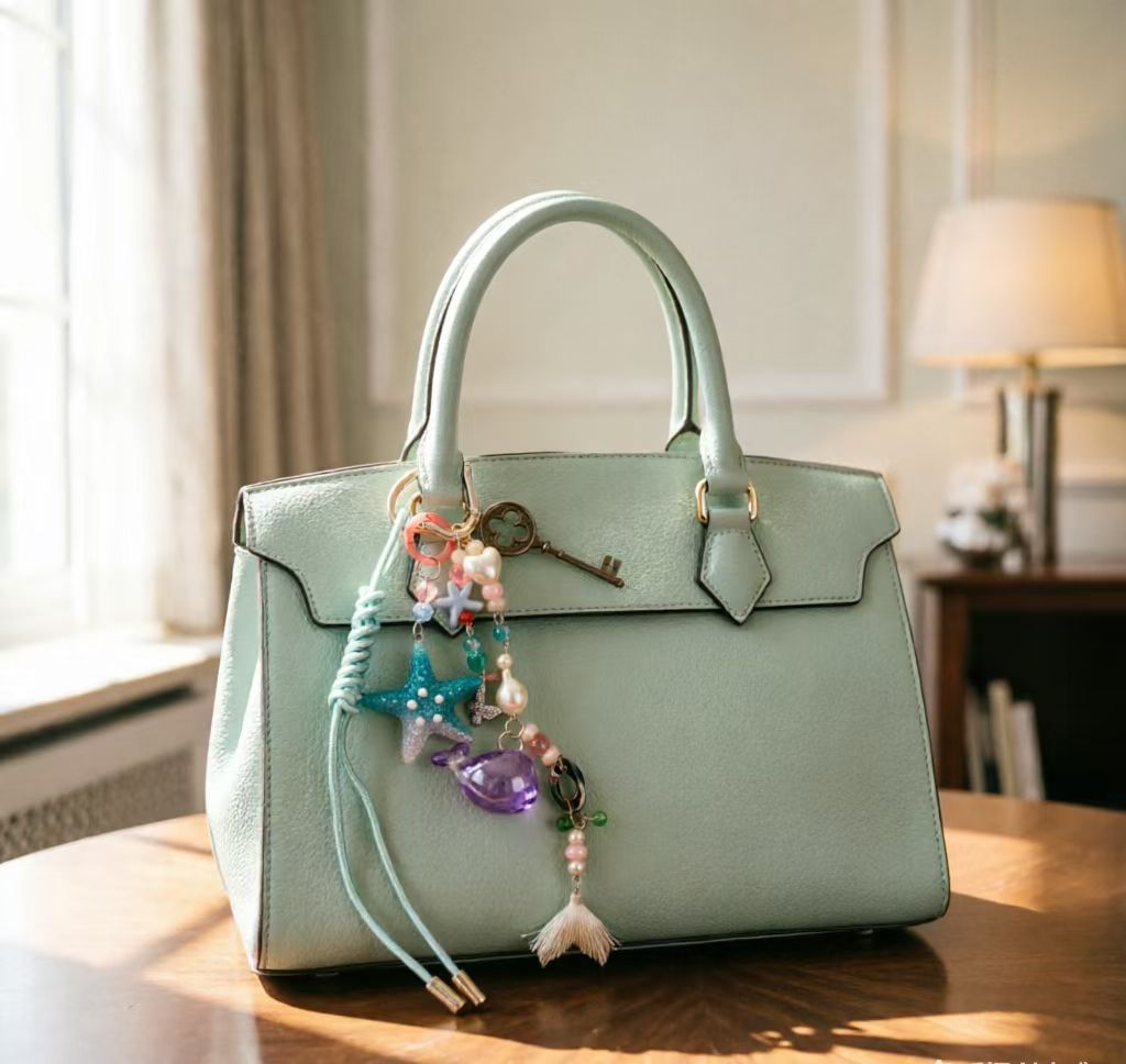 Ocean-themed pastel bag charm attached to a mint green handbag