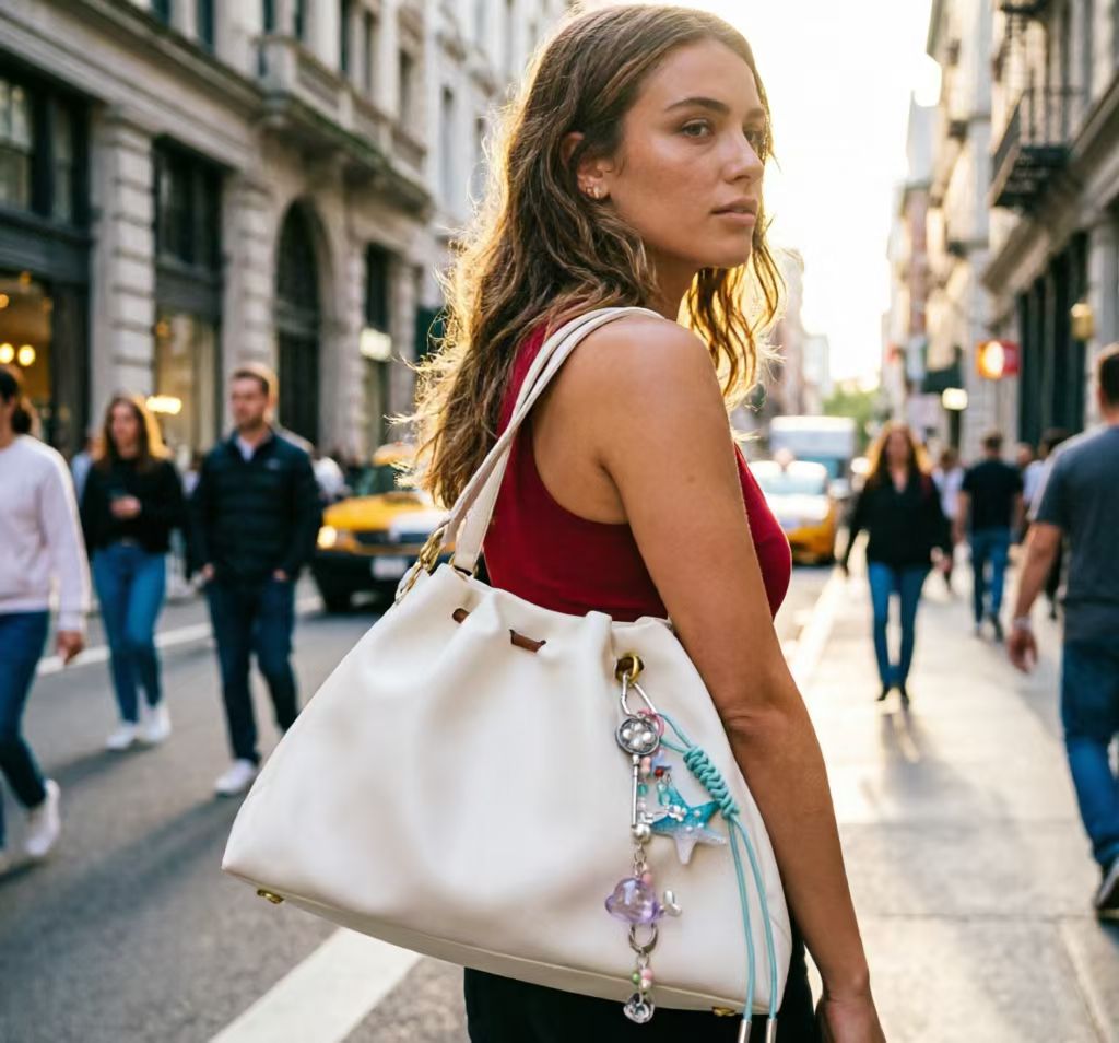Woman carrying a white handbag decorated with an ocean-themed pastel bag charm