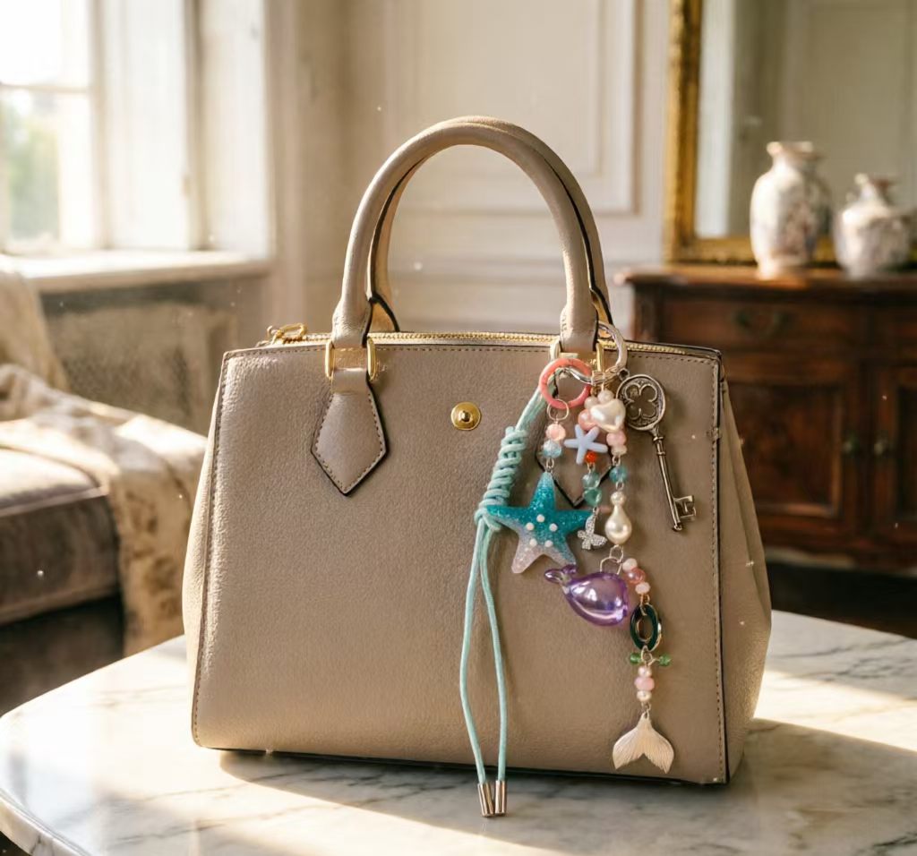 Ocean-themed pastel bag charm on a structured handbag