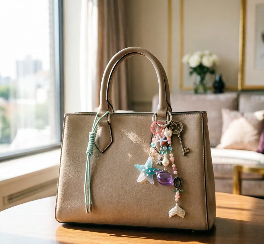 Ocean-themed pastel bag charm displayed on a taupe handbag
