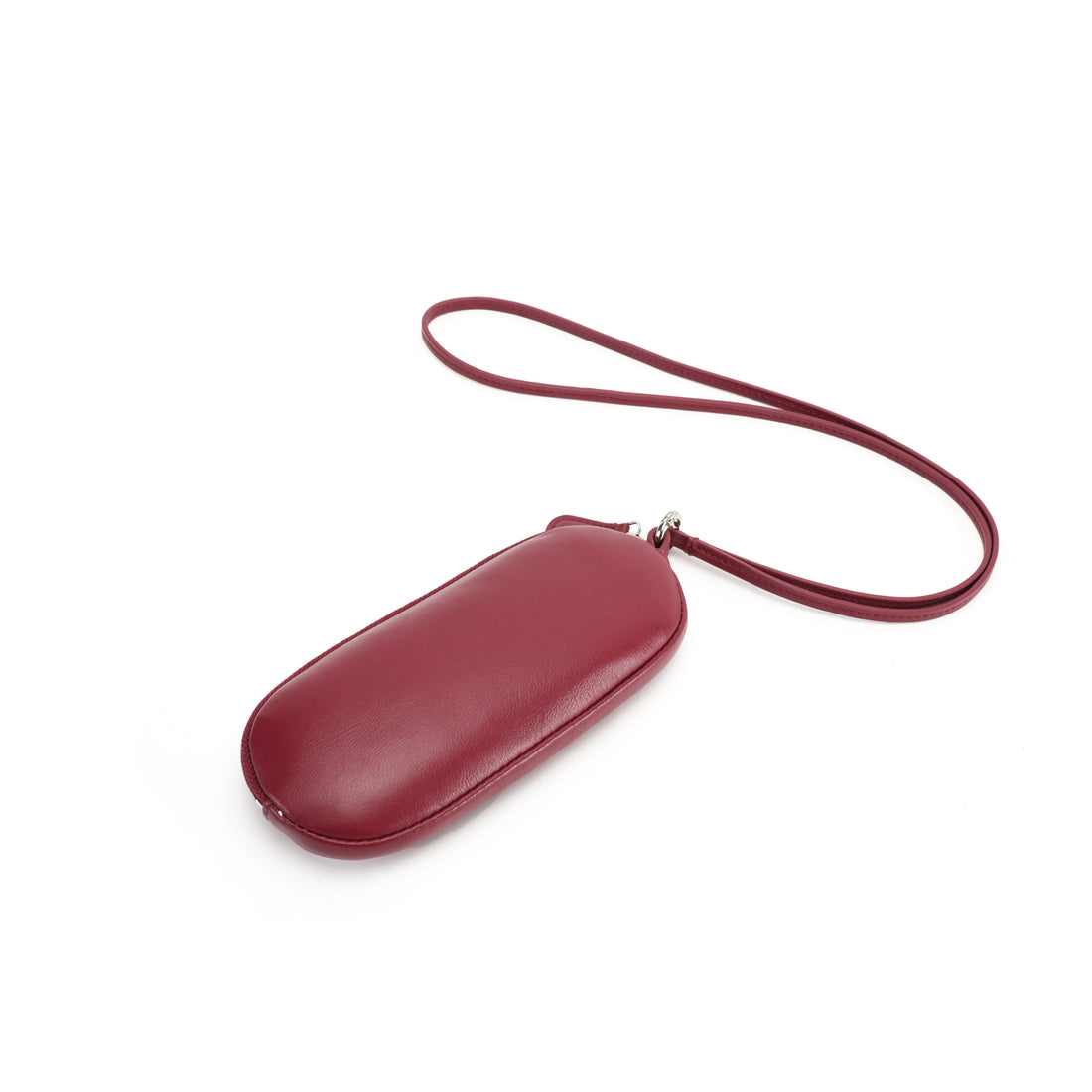 Logo-free cowhide glasses wallet with long strap — burgundy full view with long strap