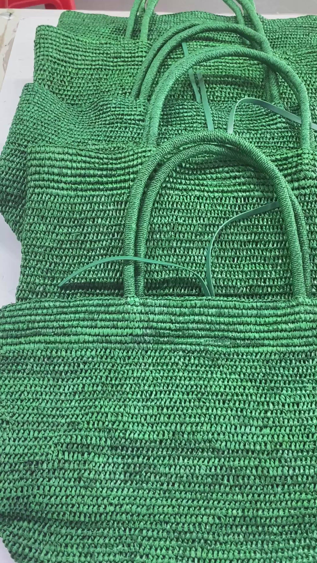 Emerald Green Raffia Straw Tote Bag with Leather Trim