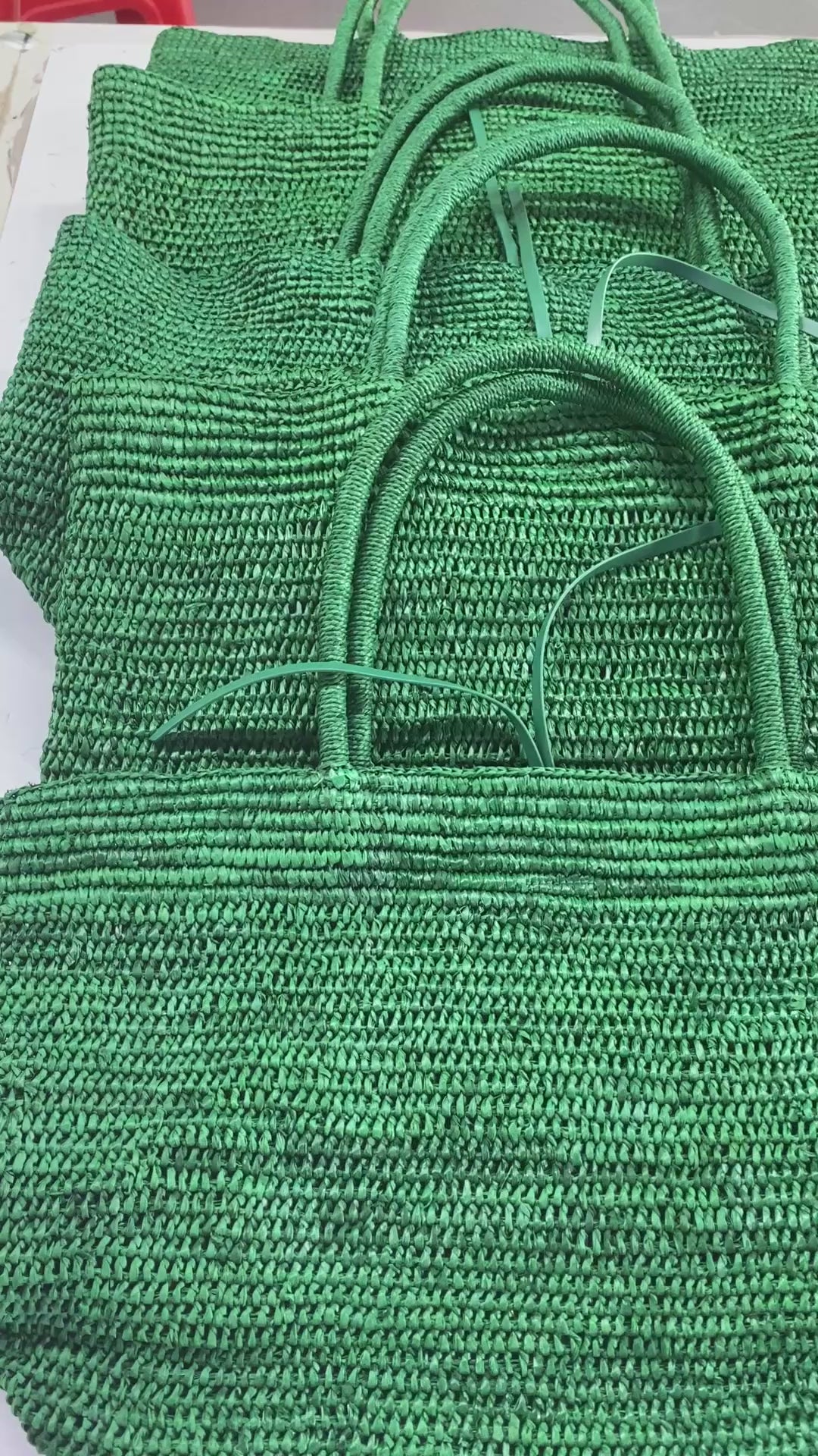 Emerald Raffia Tote with Leather Trim