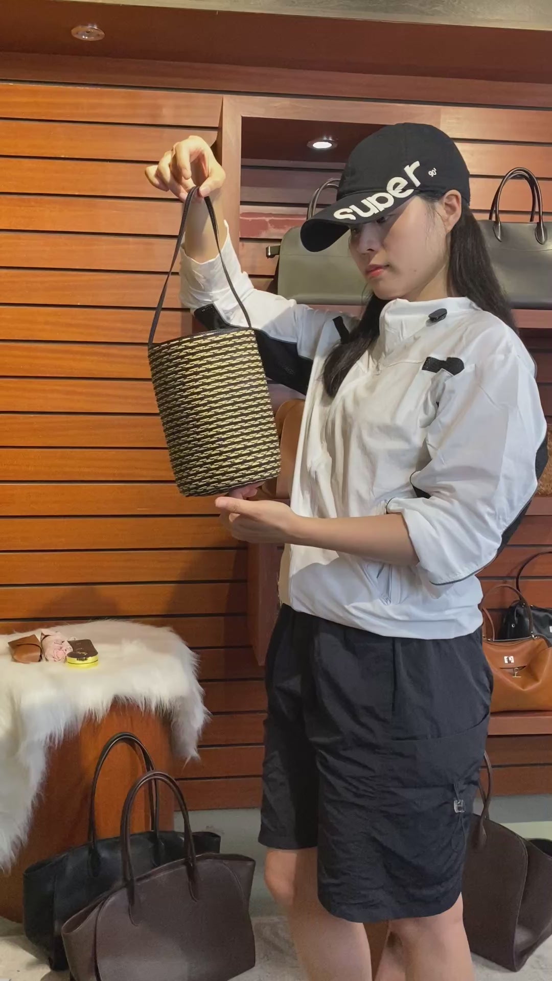 Handwoven Striped Bucket Tote with Leather Strap