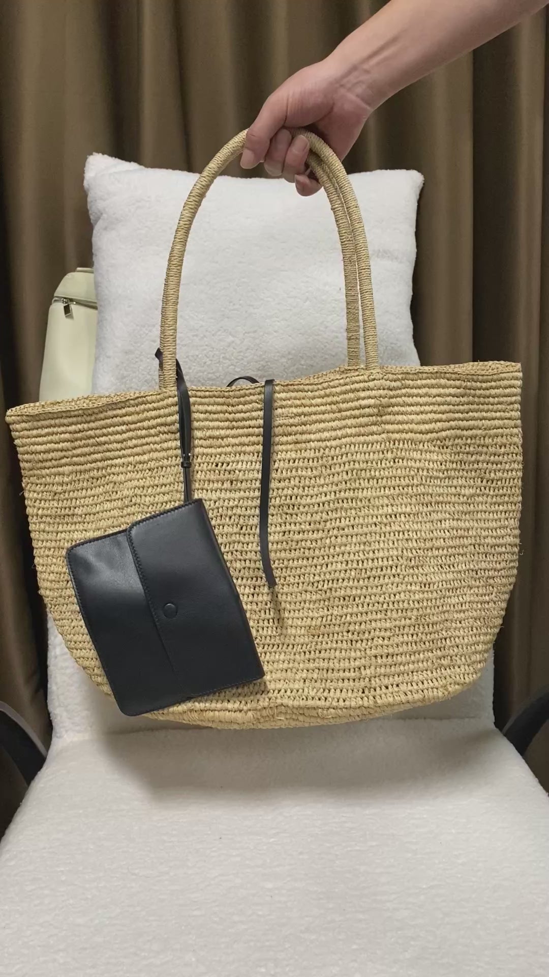 Emerald Raffia Tote with Leather Trim