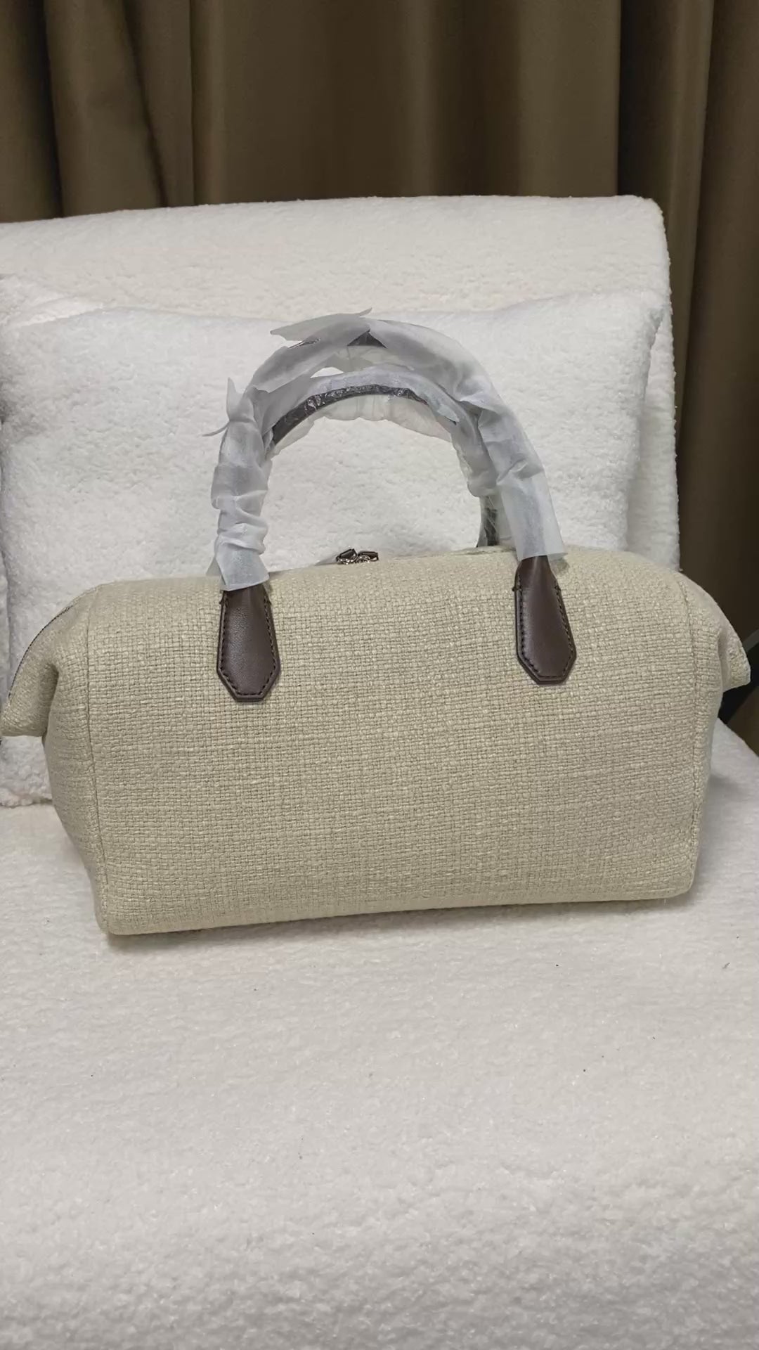 Premium Linen & Full-Grain Leather Boston Bag