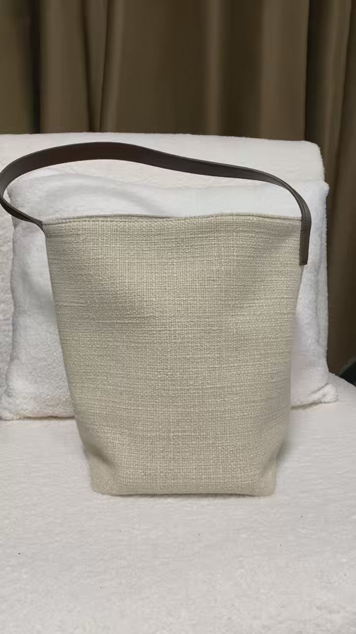 Linen & Genuine Full-Grain Leather Bucket Bag Minimalist Crossbody Tote
