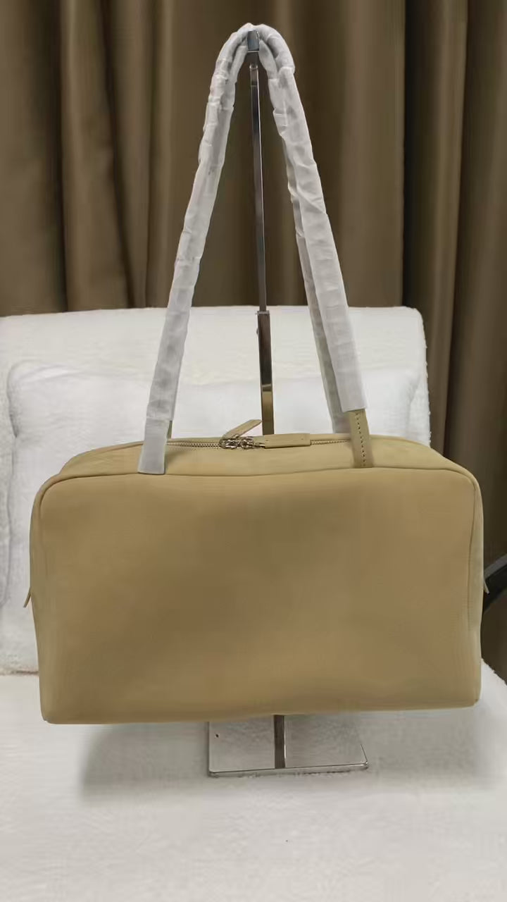 Quiet-Luxury Baby Calfskin Boston Shoulder Bag, Logo-Free Boxy Handbag