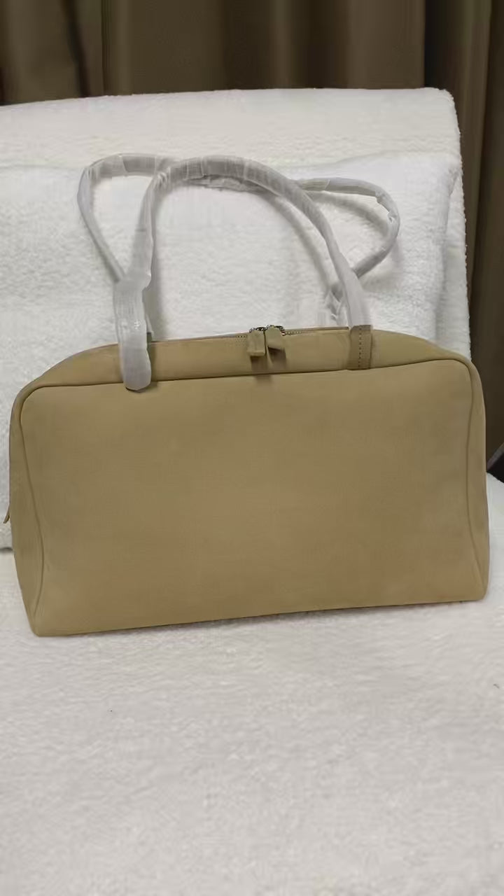 Quiet-Luxury Baby Calfskin Boston Shoulder Bag, Logo-Free Boxy Handbag