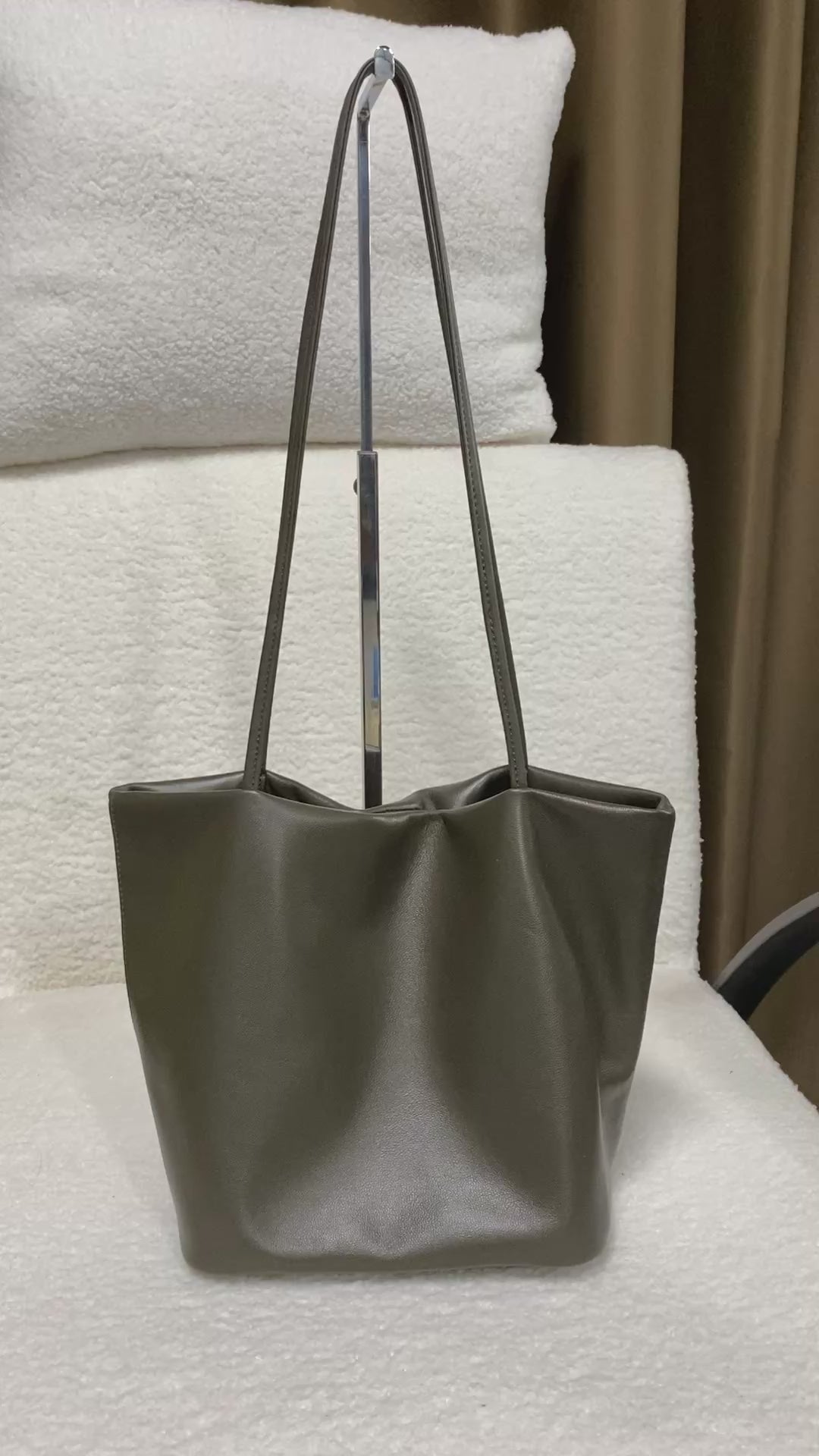 Olive Lambskin Slouchy Tote Bag