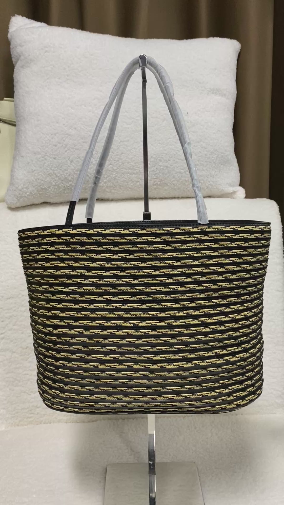 Handwoven Striped Bucket Tote with Leather Strap