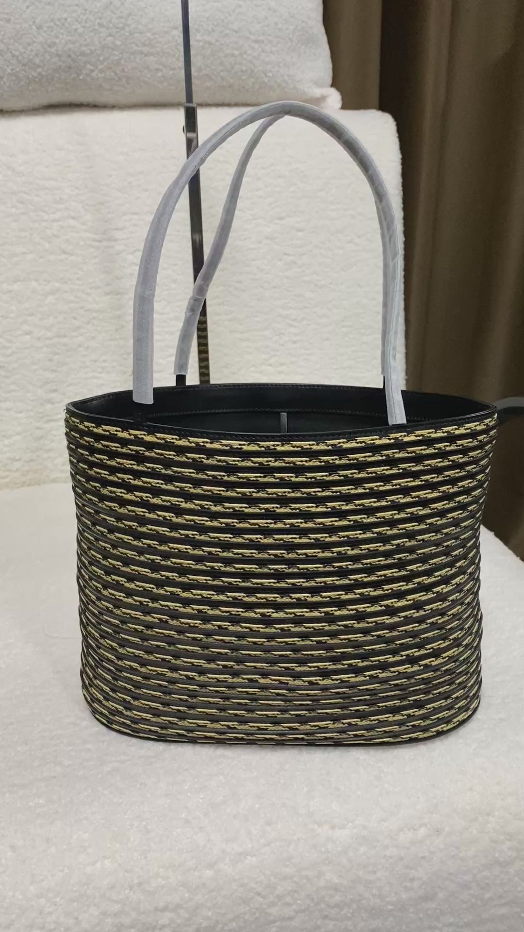Handwoven Striped Bucket Tote with Leather Strap
