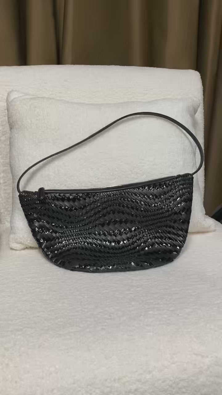 Woven Full-Grain Leather Hobo Bag, Black Slouchy Crescent Shoulder Bag