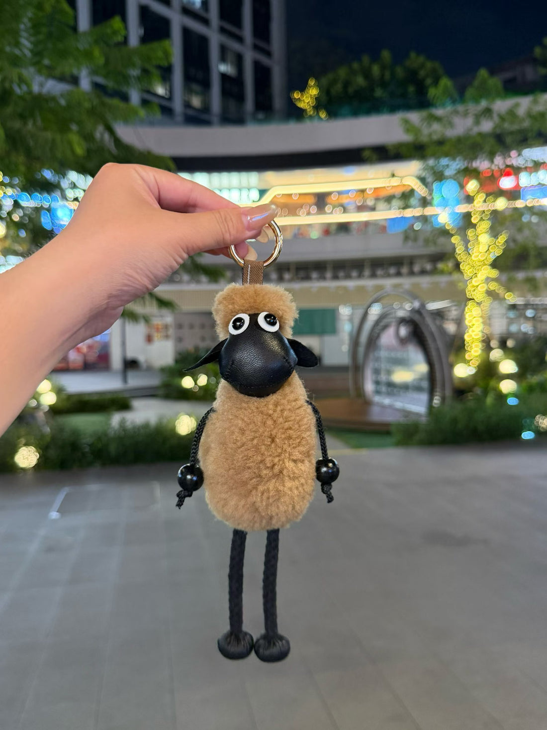 Camel brown fluffy Shaun sheep bag charm with dangling legs